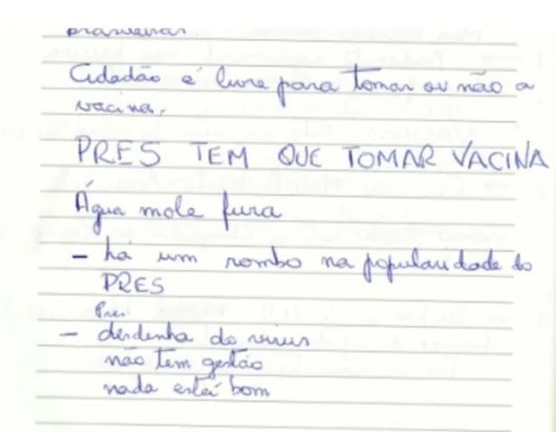 Bilhete escrito a mão pelo Heleno:

Cidadão é livre para tomar ou não a vacina.

PRES TEM QUE TOMAR VACINA

Água mole fura

- Há um rombo na popularidade do PRES

Pres

- Desdenha do vírus
Não tem gestão
Nada está bom