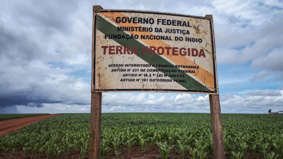 Placa enferrujada cravada em meio a uma plantação de milho em terreno plano, sob céu parcialmente nublado. A placa é do Governo Federal e traz os dizeres: "Governo Federal - Ministério da Justiça - Fundação Nacional do Índio - Terra Protegida". Em vermelho, destaca-se “Terra Protegida”. Abaixo, a placa informa: “Acesso interditado a pessoas estranhas - Artigo nº 231 da Constituição Federal, Artigo nº 18, § 1º da Lei nº 6001/73, Artigo nº 161 do Código Penal”. Ao fundo, vê-se o extenso milharal e, no horizonte, uma edificação isolada no canto direito.