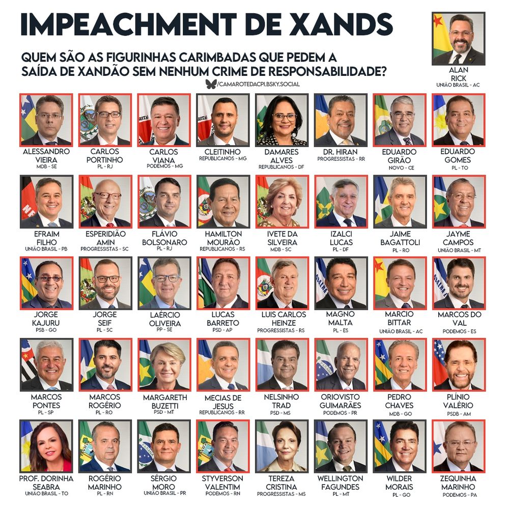 Imagem com título grande em preto “IMPEACHMENT DE XANDS” e subtítulo “Quem são as figurinhas carimbadas que pedem a saída de Xandão sem nenhum crime de responsabilidade?”, seguida do crédito “@CAMAROTEDACPLBSKY.SOCIAL” no centro superior. O card mostra retratos de 41 senadores, cada um identificado com nome, partido e estado. As fotos são dispostas em cinco fileiras e quase todas estão contornadas por uma borda vermelha.

Estes senadores estão com a borda vermelha e podem sair do Senado nas próximas eleições (mandato até 2026):
Alessandro Vieira (MDB-SE), Carlos Portinho (PL-RJ), Carlos Viana (Podemos-MG), Eduardo Girão (Novo-CE), Eduardo Gomes (PL-TO), Esperidião Amin (Progressistas-SC), Flávio Bolsonaro (PL-RJ), Ivete da Silveira (MDB-SC), Izalci Lucas (PL-DF), Jayme Campos (União Brasil-MT), Jorge Kajuru (PSB-GO), Lucas Barreto (PSD-AP), Luis Carlos Heinze (Progressistas-RS), Marcio Bittar (União Brasil-AC), Marcos do Val (Podemos-ES), Marcos Rogério (PL-RO), Margareth Buzetti (PSD-MT), Mecias de Jesus (Republicanos-RR), Nelsinho Trad (PSD-MS), Oriovisto Guimarães (Podemos-PR), Pedro Chaves (Republicanos-MT), Plínio Valério (PSDB-AM), Styvenson Valentim (Podemos-RN), Zequinha Marinho (Podemos-PA).

Estes daqui têm mandato até 2031:
Alan Rick (União Brasil-AC), Cleitinho (Republicanos-MG), Damares Alves (Republicanos-DF), Dr. Hiran (Progressistas-RR), Efraim Filho (União Brasil-PB), Hamilton Mourão (Republicanos-RS), Jaime Bagattoli (PL-RO), Jorge Seif (PL-SC), Laércio Oliveira (PP-SE), Magno Malta (PL-ES), Marcos Pontes (PL-SP), Prof. Dorinha Seabra (União Brasil-TO), Rogério Marinho (PL-RN), Sérgio Moro (União Brasil-PR), Tereza Cristina (Progressistas-MS), Wellington Fagundes (PL-MT), Wilder Morais (PL-GO).