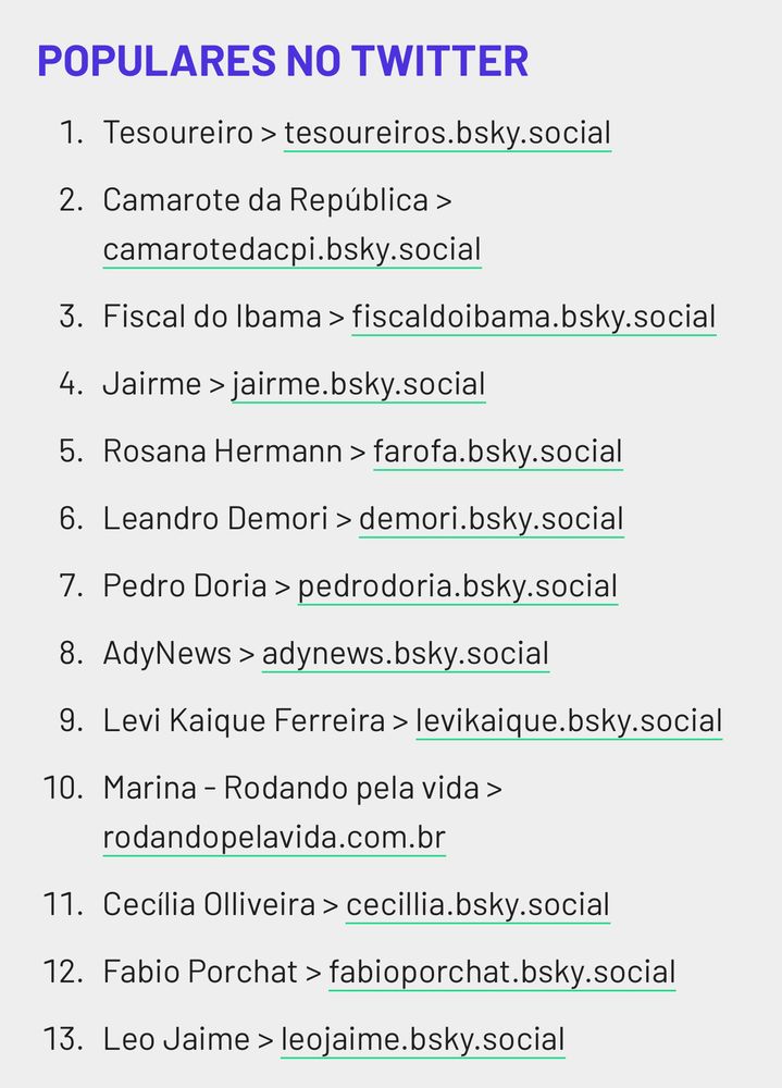 POPULARES NO TWITTER
Tesoureiro > tesoureiros.bsky.social
Camarote da República > camarotedacpi.bsky.social
Fiscal do Ibama > fiscaldoibama.bsky.social
Jairme > jairme.bsky.social
Rosana Hermann > farofa.bsky.social
Leandro Demori > demori.bsky.social
Pedro Doria > pedrodoria.bsky.social
AdyNews > adynews.bsky.social
Levi Kaique Ferreira > levikaique.bsky.social
Marina - Rodando pela vida > rodandopelavida.com.br
Cecília Olliveira > cecillia.bsky.social
Fabio Porchat > fabioporchat.bsky.social
Leo Jaime > leojaime.bsky.social