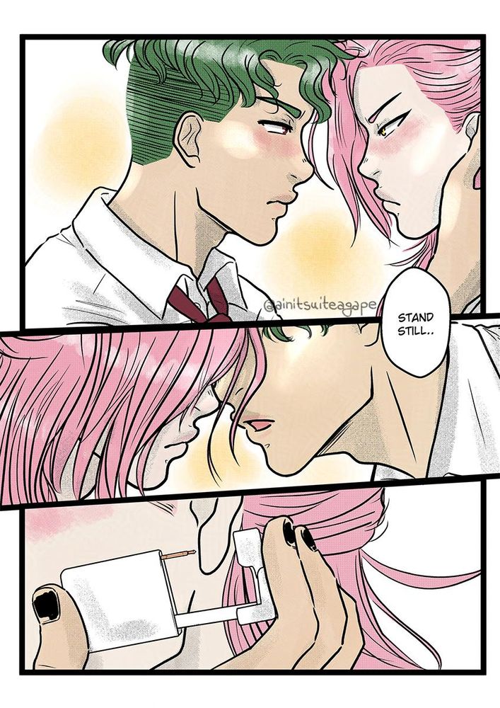 Page 2 of the comic. First panel Kojiro and Kaoru are facing each other, looking into each other's eyes as Kojiro place a hand on Kaoru's face. They are both blushing.
Second panel: Close up of their lips as Kojiro says "stand still..."
Last panel: Close up of Kaoru's ear as Kojiro is holding a self piercing machine near Kaoru's lobe. Kojiro's nails are painted black.