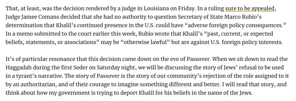 On the story of Passover and today's decision on Mahmoud Khalil by me for the Forward (story at link)