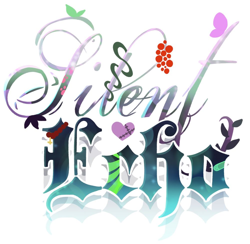 Silent Echo Logo. Each member is represented with a small icon of themselves. Momo is paw prints, Siph is a green ribbon, tomato is… tomatoes, eindrake is a butterfly, Daro is a heart, xen is a green ribbon, Alice is a bandaid and Spoopie (me) is a rosary. The top part represents the feywild and the lower part shadowfell, but to match the theme of Minecraft I made it over world and ancient city (this also fits our team colour perfectly)