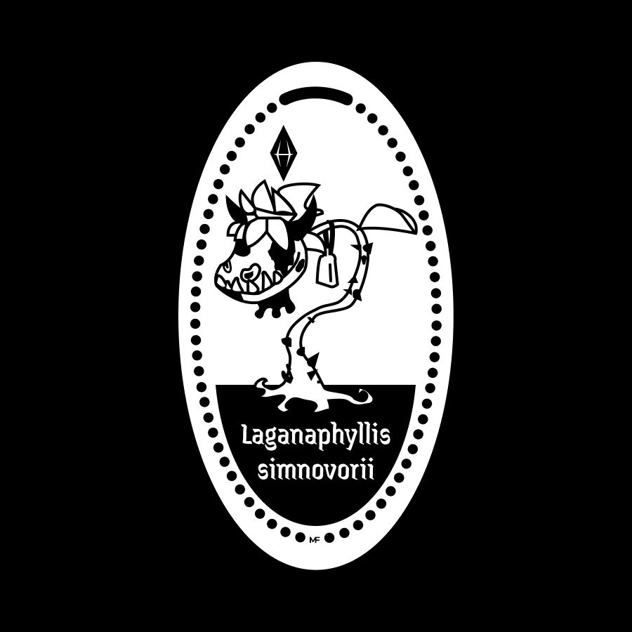 Pressed penny design of a cowplant with its latin name "Laganaphyllis simnovorii" below