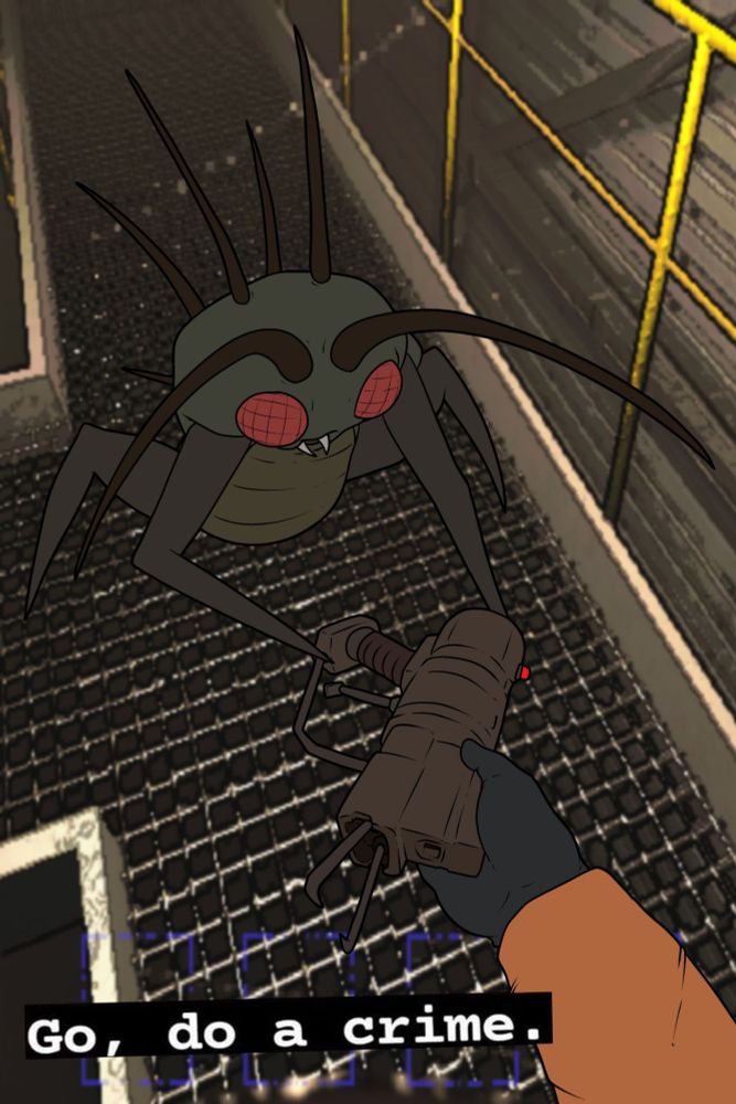 [Lethal Company Fanart] A first person view of a crewmate handing a pistol to a hoarding bug with the caption "Go, do a crime."