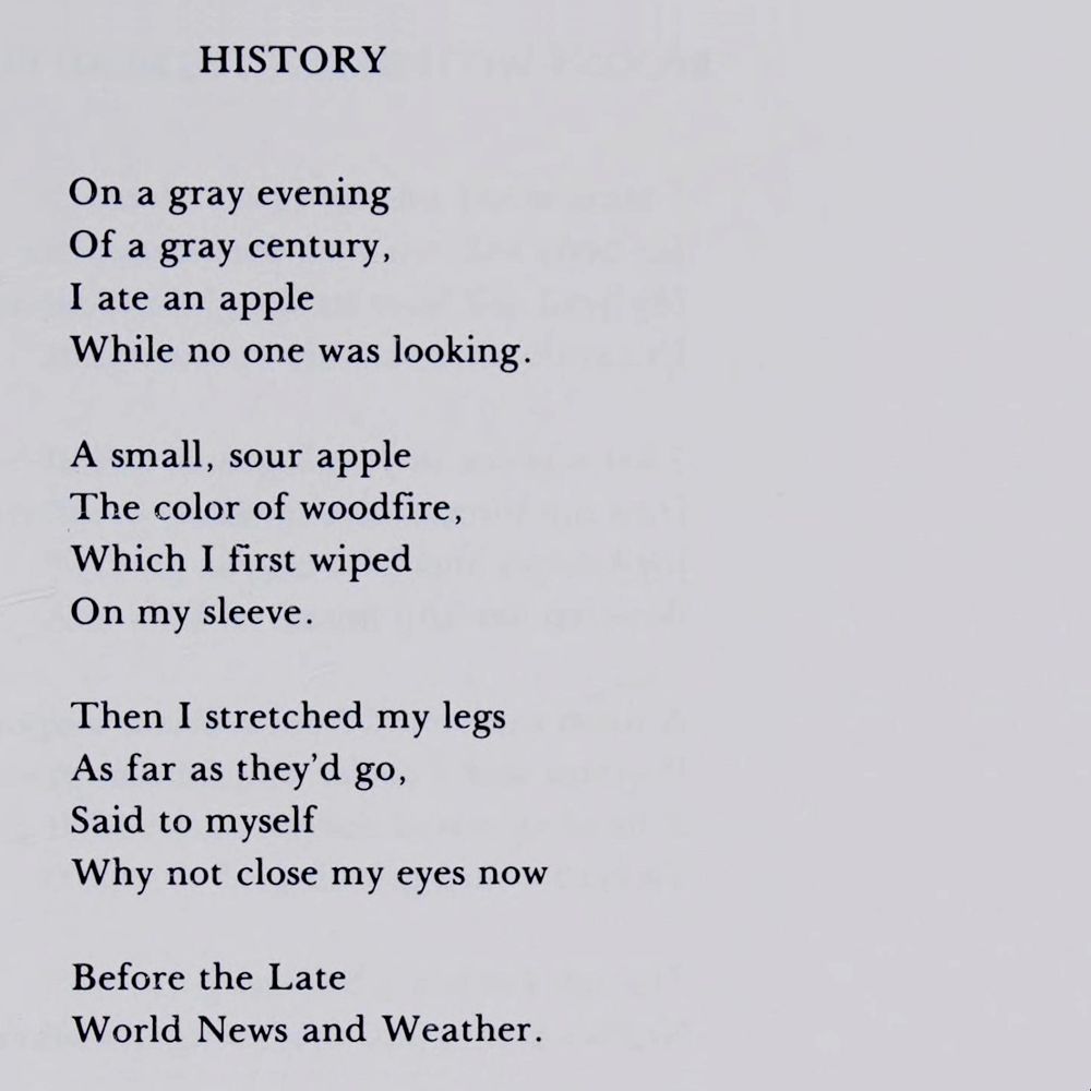 History

On a gray evening
Of a gray century,
I ate an apple
While no one was looking.

A small, sour apple
The color of woodfire,
Which I first wiped
On my sleeve.

Then I stretched my legs
As far as they’d go,
Said to myself
Why not close my eyes now

Before the Late
World News and Weather.