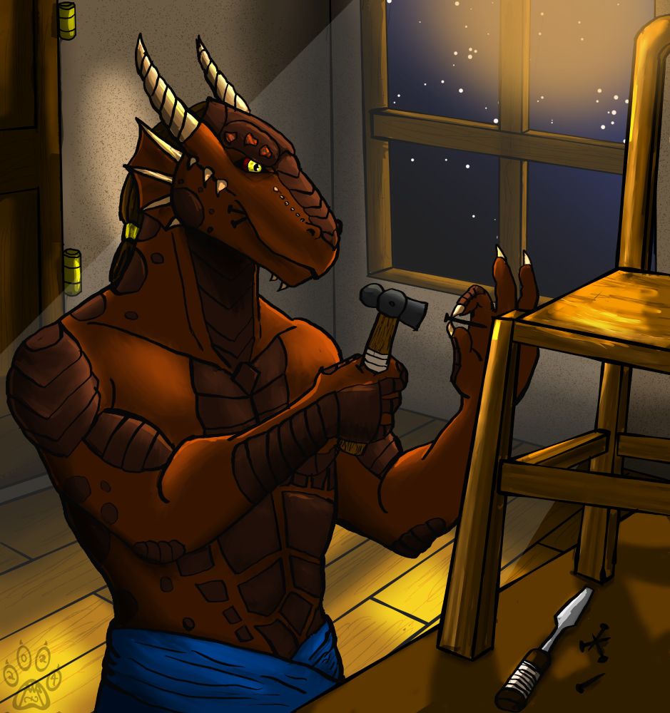 A male dragonborn stands in a workshop late at night getting ready to put the final nail in a chair he has built. 
