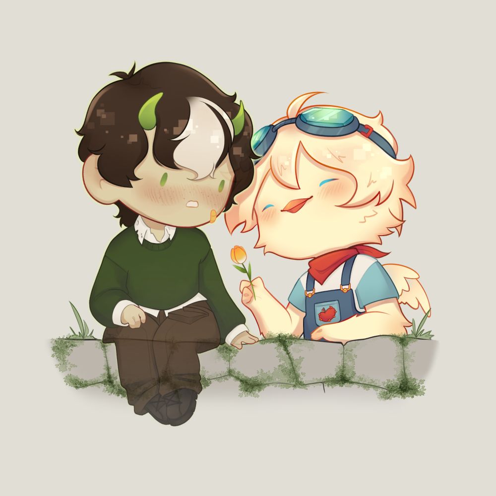 art piece of raxyns and cosmics ocs. cosmic is sat on a wall and raxyn is offering him a flower