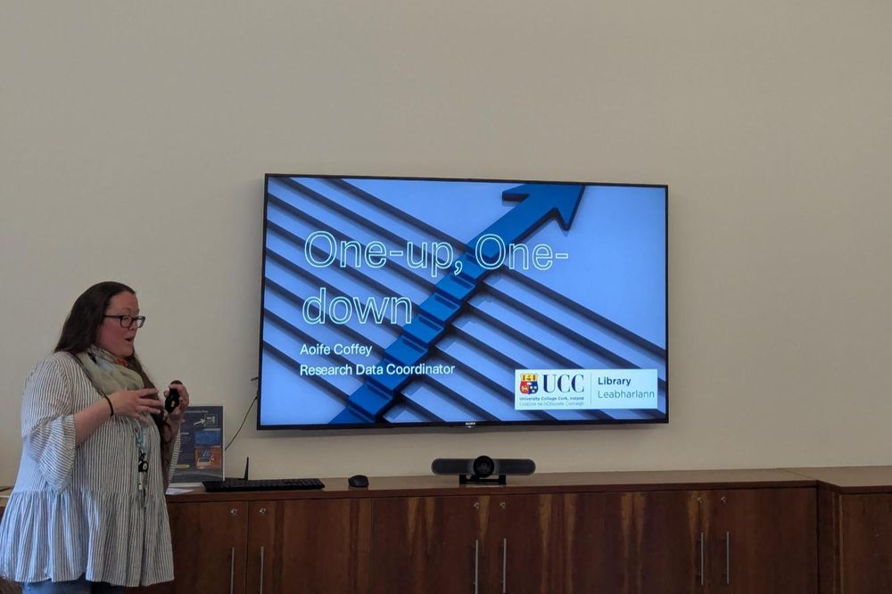 A presenter at the front of a room. The title of the presentation slide on the television screen reads One-up, One-Down. 