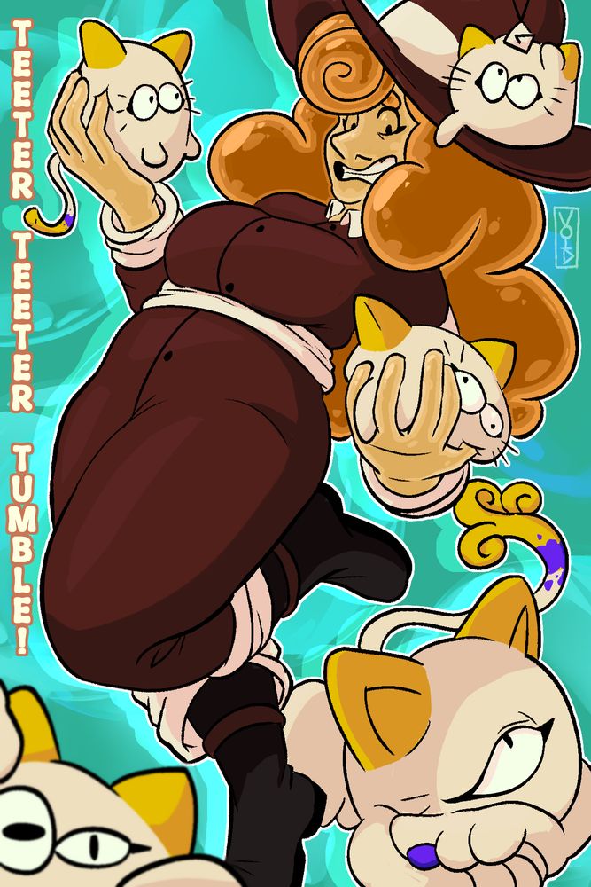 digital illustration of an orange slime witch poorly balancing a bunch of half-formed clay cat familiars. a full, properly formed clay cat familiar lies below her feet.
