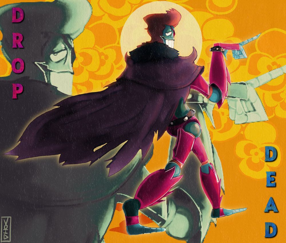 painting of King from Captain Wayne, a large humanoid robot, striking a pose. text: DROP DEAD