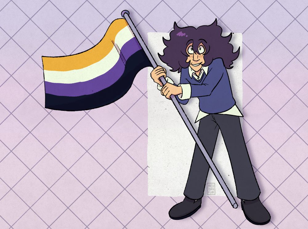 digital illustration of my character Val holding a nonbinary flag