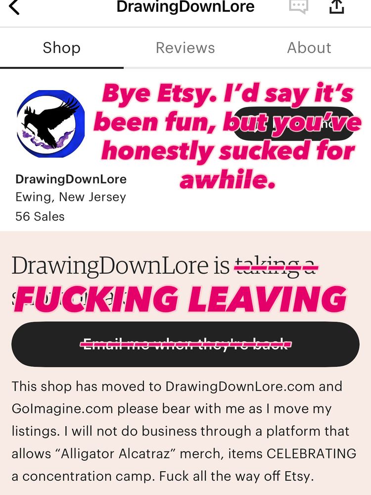 An Etsy shop in vacation mode with a message that says,” Bye Etsy, I’d say it’s been fun but you’ve honestly sucked for awhile. Drawing Down Lore is FUCKING LEAVING. This shop has moved to DrawingDownLore.com and GoImagine.com please bear with me as I move my listings. I will not do business through a platform that allows “Alligator Alcatraz” merch, items CELEBRATING a concentration camp. Fuck all the way off Etsy. 