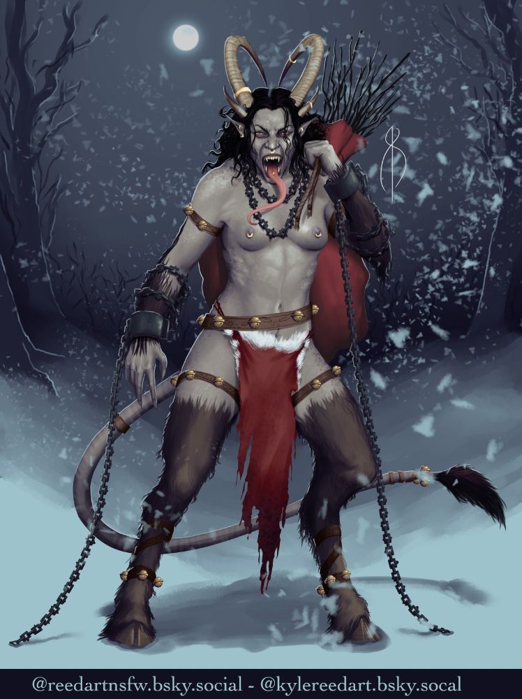 Lady krampus in the moonlight, snowing. With chains, bells, and red sack