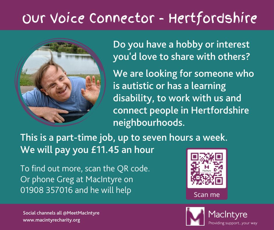 Image with text describing an employment opportunity in Hertfordshire for someone with a learning disability or an autistic person.