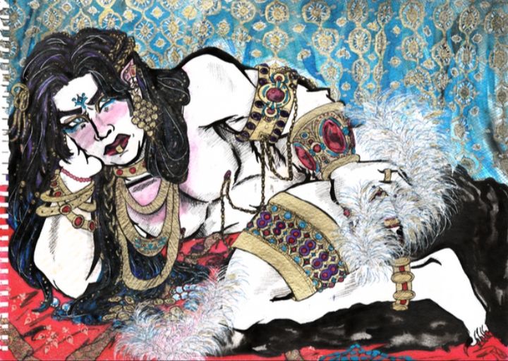 Fanart of a  jewel and fur covered Mobei-Jun from Scum Villains self saving system/svsss stares at the viewer challengingly. It's made of watercolor and ink, and he lays on red embroidered silk before a brocade curtain with his head in his hand. There's glittery detailing in his hair that looks like starlight. His nipples are pierced,with chains connecting them.