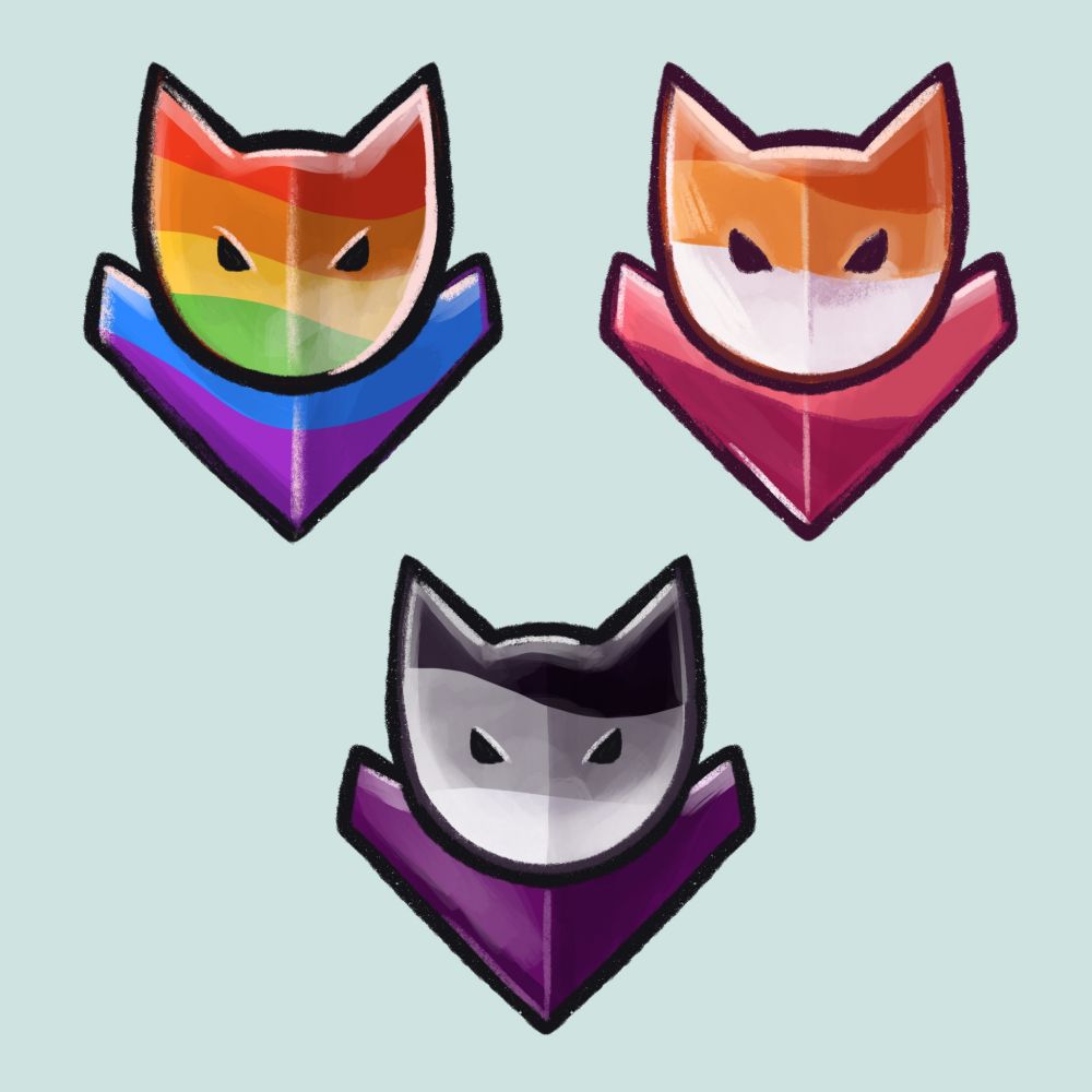 3 commander tags from the video game guild wars 2, one in rainbow colours, one in the colours of the sunset lesbian pride flag and one in the colours of the ace pride flag