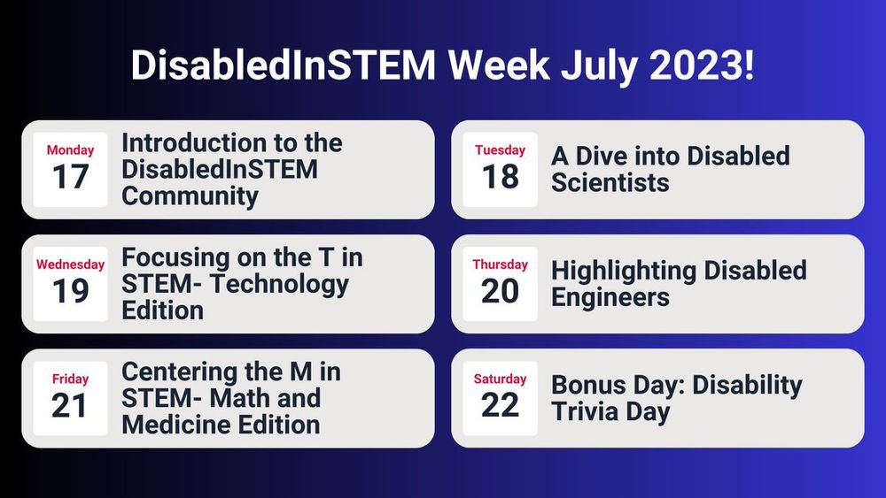 Featured is the DisabledInSTEM week calendar, which proudly states DisabledInSTEM Week July 2023 on a black to blue ombre background. Then, each day is listed with the topic. Monday the 17th is introduction to the DisabledInSTEM Community. The 18th is a Dive Into Disabled Scientists. The 19th is Focusing on the T in STEM- Technology Edition. The 20th is Highlighting Disabled Engineers. The 21st is Centering the M in STEM- Math and Medicine Edition. The last day is the 22nd and reads Bonus Day: Disability Trivia Day. 