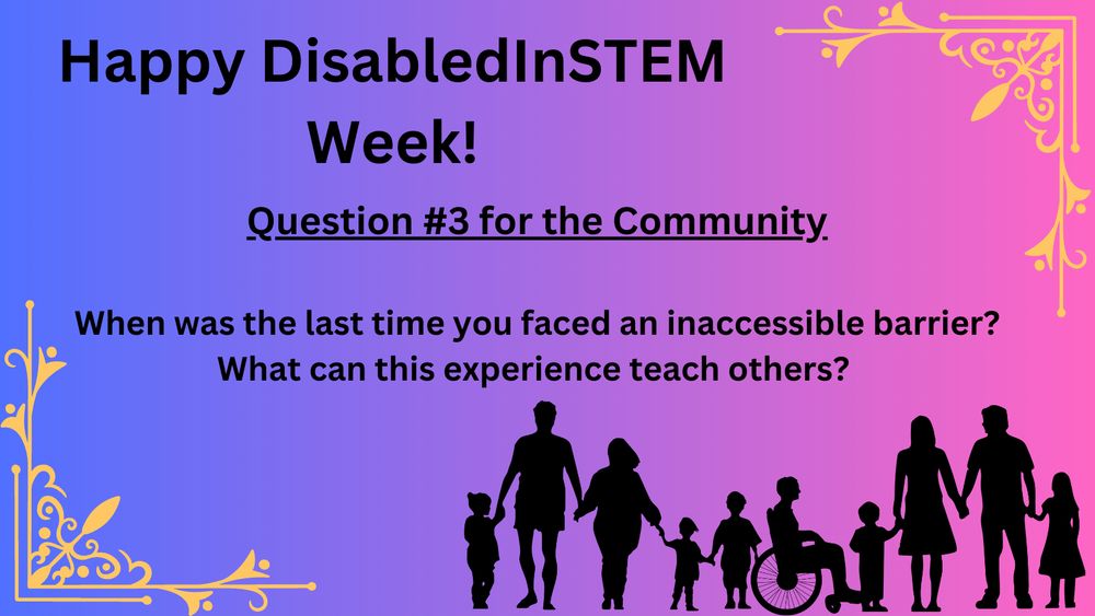 There is a blue/pink ombre background with two gold border trimmings on the upper right edge and bottom left edge. On the bottom right corner is a graphic of an outline shadow of people holding hands, which includes individuals of various ages and sizes, along with someone in a wheelchair. The text reads, “Question #3 for the community: When was the last time you faced an inaccessible barrier? What can this experience teach others?”