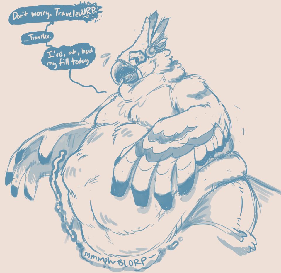 Blue sketch of Kass from Legend of Zelda Breath of the Wild. His belly is large and fat, and someone is clearly moving inside. He has his arms raised to partly cover his stomach. He says “Don’t worry, TraveleuURP —…Traveler. I’ve, ah, had my fill today.” His stomach growls over the sound of a muffled voice within. 