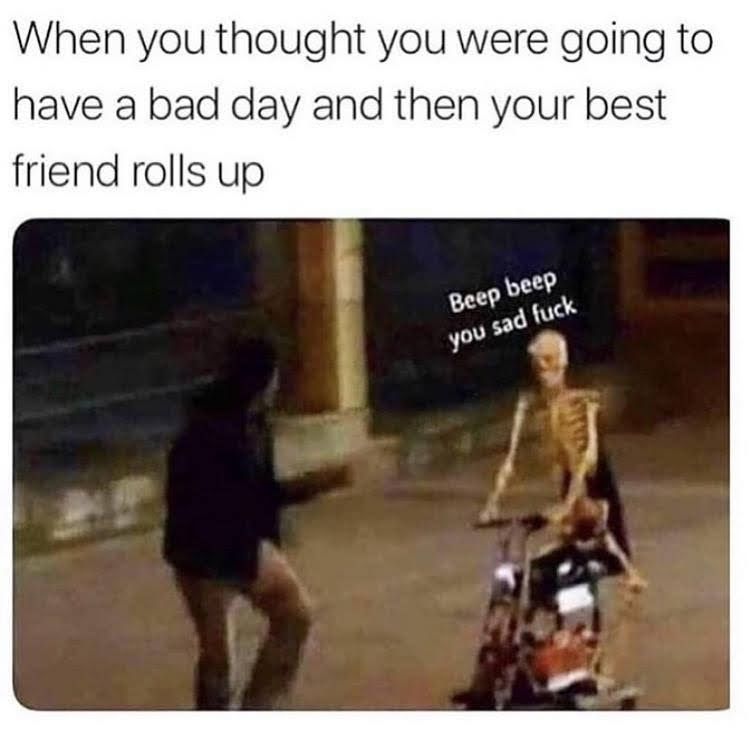 Meme, captioned "when you thought you were going to have a bad day and then your best friend rolls up". The image is of a person from behind being bamboozled by a skeleton on a tricycle-like device saying "Beep beep you sad fuck"