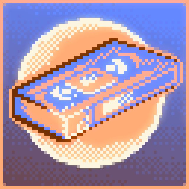 pixel drawing of a stylized vhs tape tilted, using a baby blue, orange, cream white and dark red as the palette. 