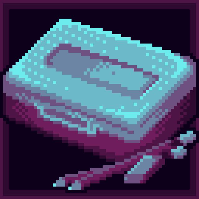 pixel fan art of a spacemaker pencil storer, along with two pencils and an eraser - done in purples and light blues. 