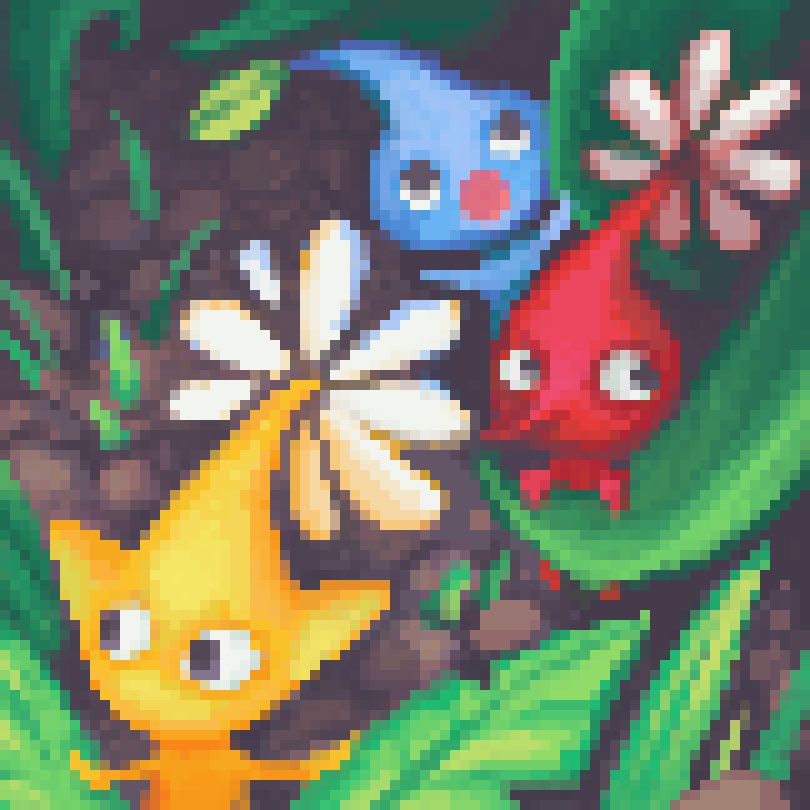 Shows three pikmin traversing a soil path with random leaves and grass in their way. The yellow is inquisitive, red is paranoid and blue is in shock or is really excited about something - I couldn’t decide. Red and yellow have full flowers and the blue is new with a green leaf top!