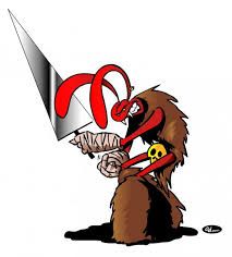 Marvin Rouge, de la BD donjon : un lapin humanoïde, fourrure rouge, qui tient une grosse épée triangulaire