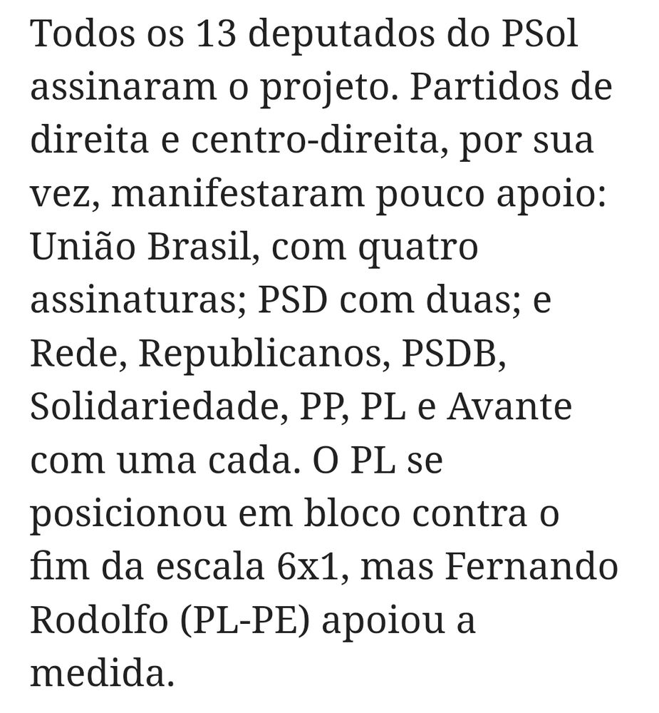 "Todos os 13 deputados do PSol assinaram o projeto. Partidos de direita e centro-direita, por sua vez, manifestaram pouco apoio: União Brasil, com quatro assinaturas; PSD com duas; e Rede, Republicanos, PSDB, Solidariedade, PP, PL e Avante com uma cada. O PL se posicionou em bloco contra o fim da escala 6x1, mas Fernando Rodolfo (PL-PE) apoiou a medida." Notícia por Correio Braziliense.