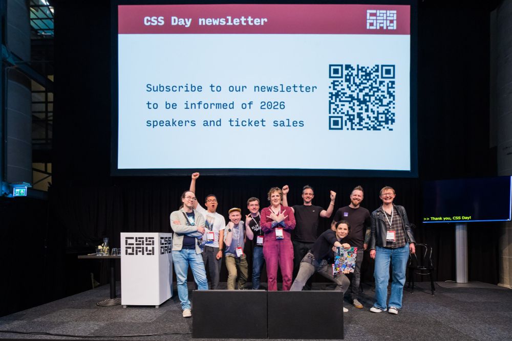 Members of the CSSWG doing a funny pose together on stage. Roma, Tim, me, Hidde, Miriam, Bramus, Una, Adam and Rachel.