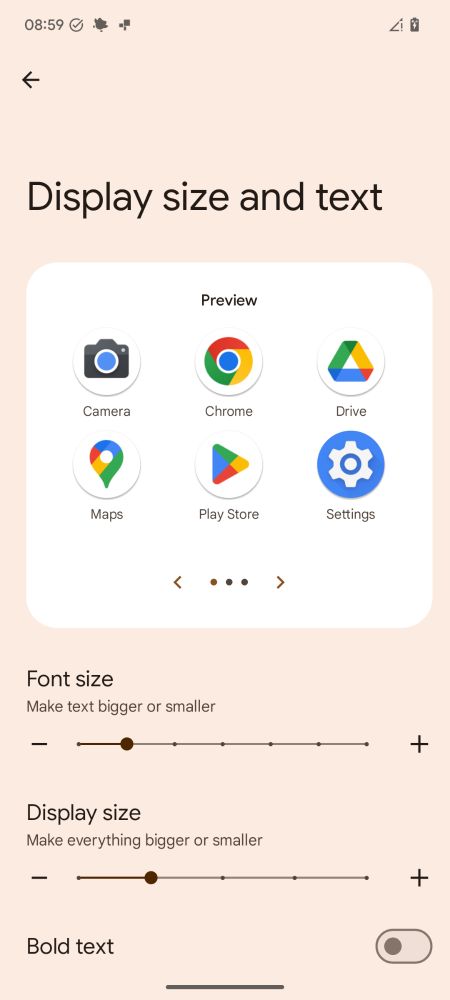 Screenshot of the Android display size and text settings page. It has a control to increase the system font size.