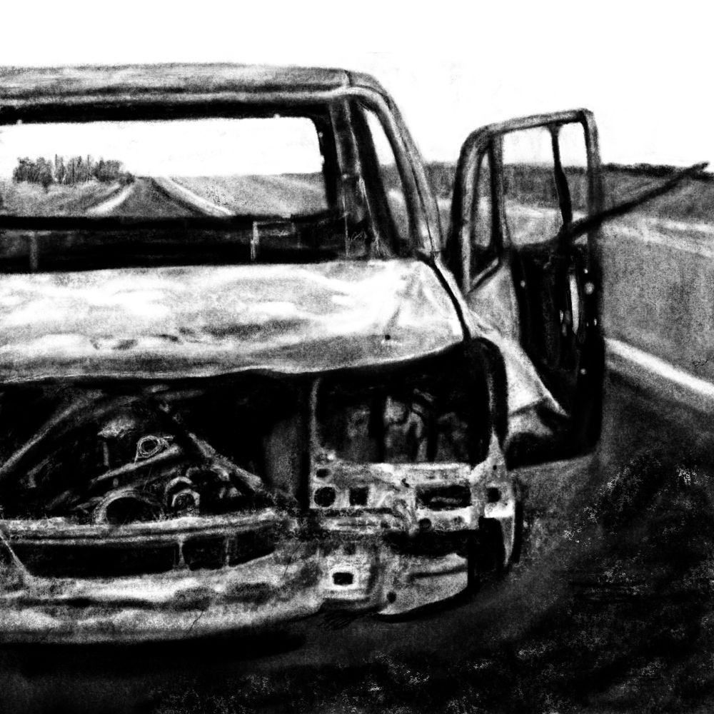 digital drawing. grayscale. a destroyed/abandoned car with a paved road in the background (including some shrubbery in the distance)