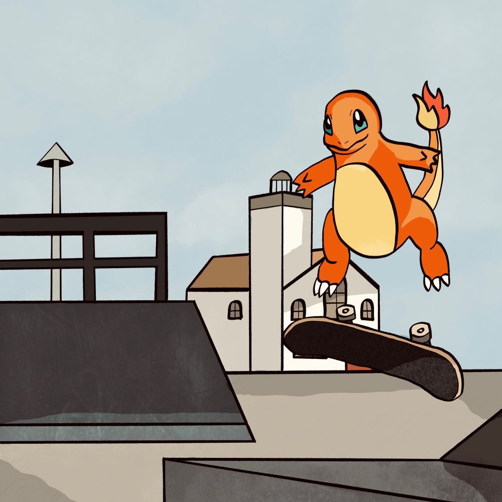 digital drawing. charmander doing a skateboard trick at a skatepark 