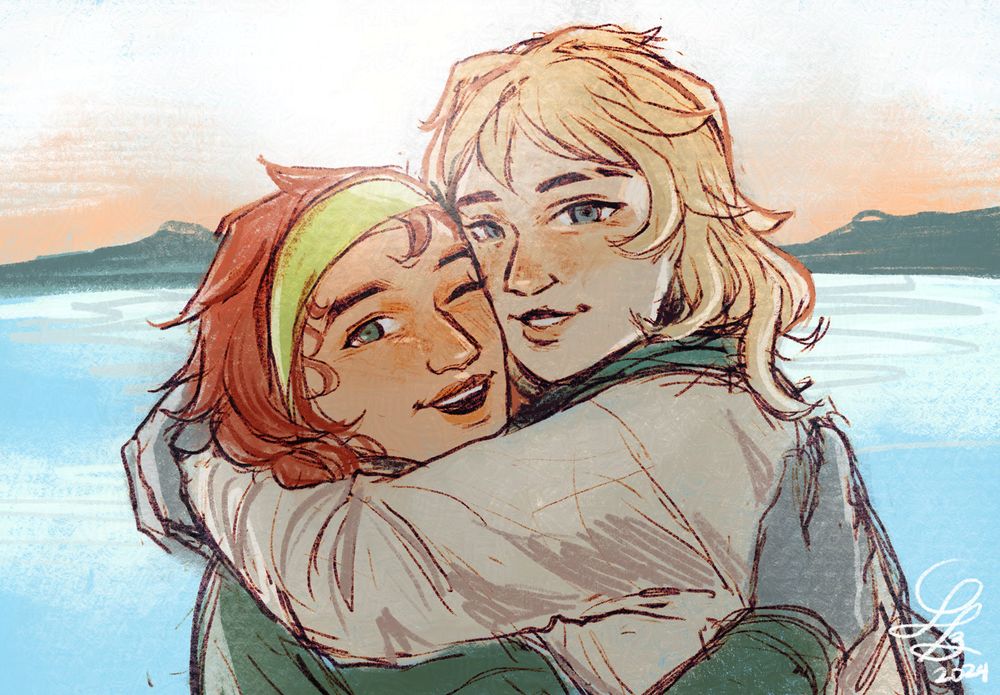 Skye and Deadlock embracing and posing for a photo in front of a frozen lake.