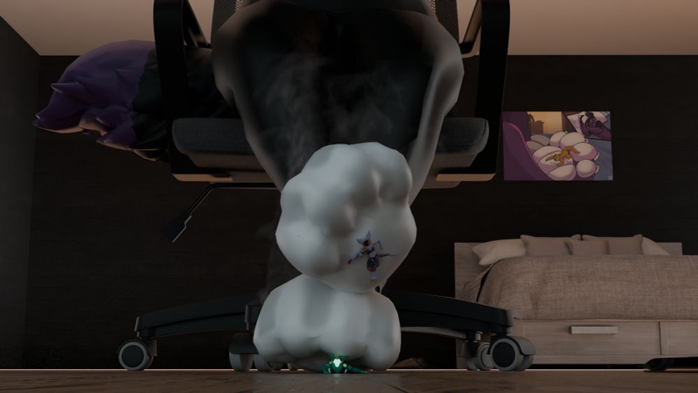3D render of macro Avaros sitting in his chair in the bedroom, paws crossed and wearing socks that have visible wet spots from sweat and give off steam from them. Under the paw on the very bottom is micro Kai pinned against the ground by the heavy paw, while micro iitsNebula is flattened against the other socked paw that is resting on top of the other paw