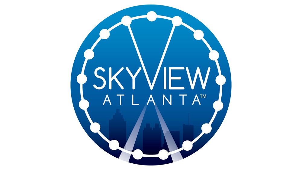 The logo for ‘Skyview Atlanta’, a ferris wheel in Atlanta — a simple depiction of a ferris wheel which uses the ‘V’ in ‘Skyview’ and the ‘A’ in ‘Atlanta’ to mimic the silhouette of the attraction’s framework.