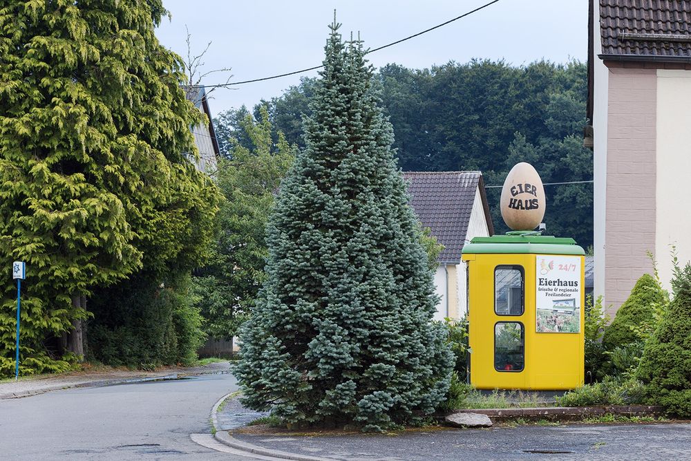 Een geel hokje, met daarop een groot ei en het woord EIERHAUS, daarachter veel groen en een randje van een huis. Ook een conifeer naast het hok, bijna in de vorm van het ei, maar iets te puntig.