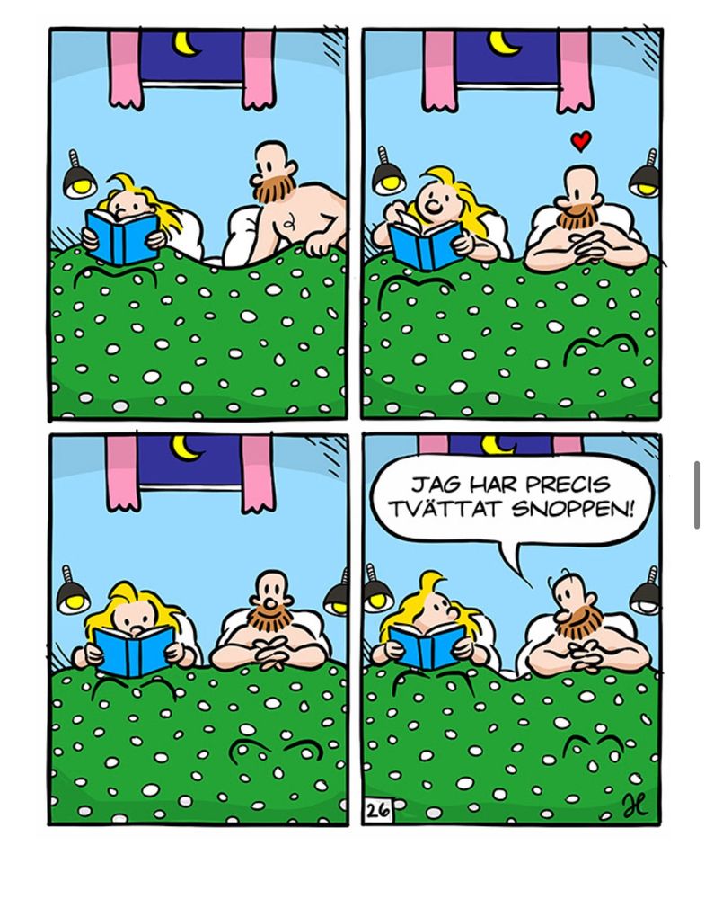 En seriestrip. En tjej ligger i sängen och läser. En man kommer och lägger sig. I sista rutan säger han ”jag har precis tvättat snoppen”
