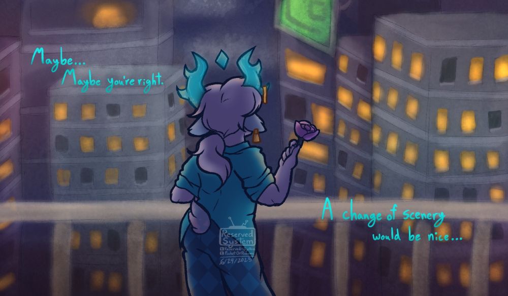 A 2D drawing of Medkit from the Roblox game Phighting! He's drawn with his back facing the camera, leaning over a railing with a pink rose in his hand. His horns are glowing as he looks out over a busy city skyline.

Text on screen reads: "Maybe... Maybe you're right. A change of scenery would be nice..."