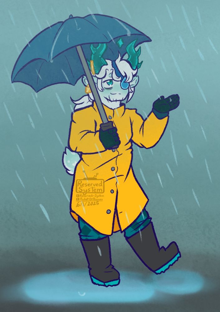 A 2D drawing of Medkit from the Roblox game Phighting! Medkit is drawn standing in the rain, wearing a yellow raincoat, black rain boots. He's holding a blue umbrella, holding out his hand to try and catch the rain drops. There's a puddle of water under his feet.

There is no text on screen.