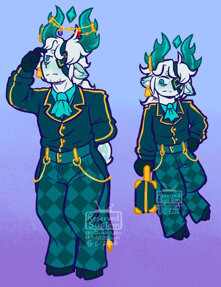 A 2D drawing of Medkit from the Roblox game Phighting! He's drawn standing on a blue and purple background, tucking some hair out of his eye. The only difference is he's drawn with hooves instead of his usual dress shows.

A second smaller, chibi drawing is also on the page. In this one he's facing the camera with holding onto his gear, a medkit, with a displeased look on his face.

There is no text on screen.