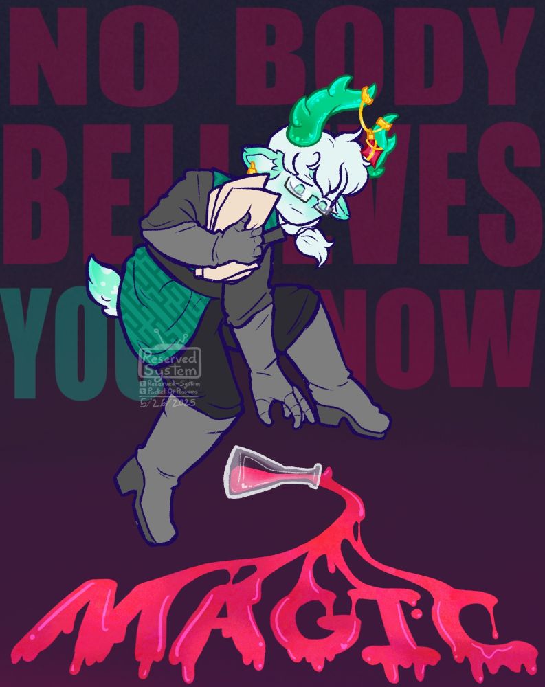 2D drawing of Medkit from the Roblox game Phighting! It's a much younger version of himself before the disaster. He has a stack of papers in his hand and is seen reaching for a glass beaker that's been dropped. A hot pink liquid is spilling out of the glass that makes up the word "MAGIC" in all caps.

Medkit is drawn on a black background that fades to a dull pink the color it gets to the word Magic. In the background, faded pink text reads: No body believes you now, in all caps. The word You is teal, referring to medkit himself.