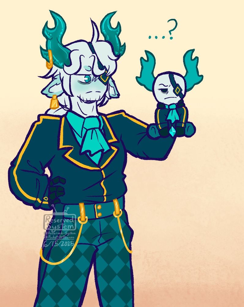A 2D drawing of Medkit from the Roblox game Phighting! He’s drawn from the knees up with a hand on his hip. In his other hand is a plushie of himself facing the camera. He’s looking at the plushie, looking a little upset but also judging. Text on screen reads “…?”