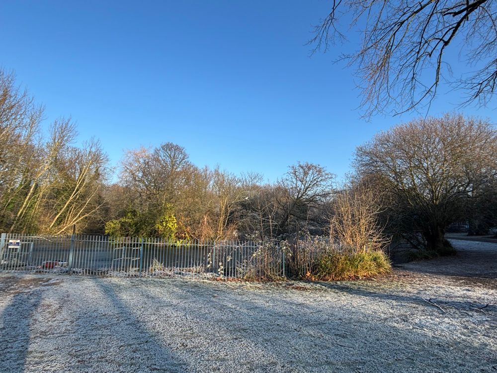 A frosty park in winter under clear blue skies. Shadows fall across the frosty covered grass cast by the low morning sun. The trees and bushes beyond s frozen lake are bare and there is fence between the viewer and the lake. Pymmes Park North London. 