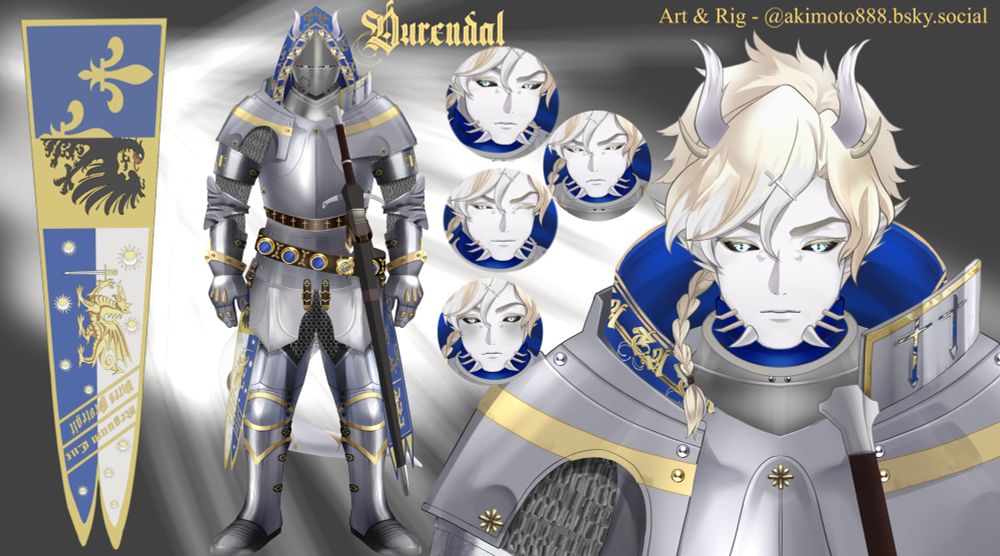 A reference sheet for the VTuber, ‘Durendal’. It includes his model, the Carolingian standard he wears on his waist, several different expressions (embarrassment, a smile, a frown, and a raised brow), and a closer look at his face.