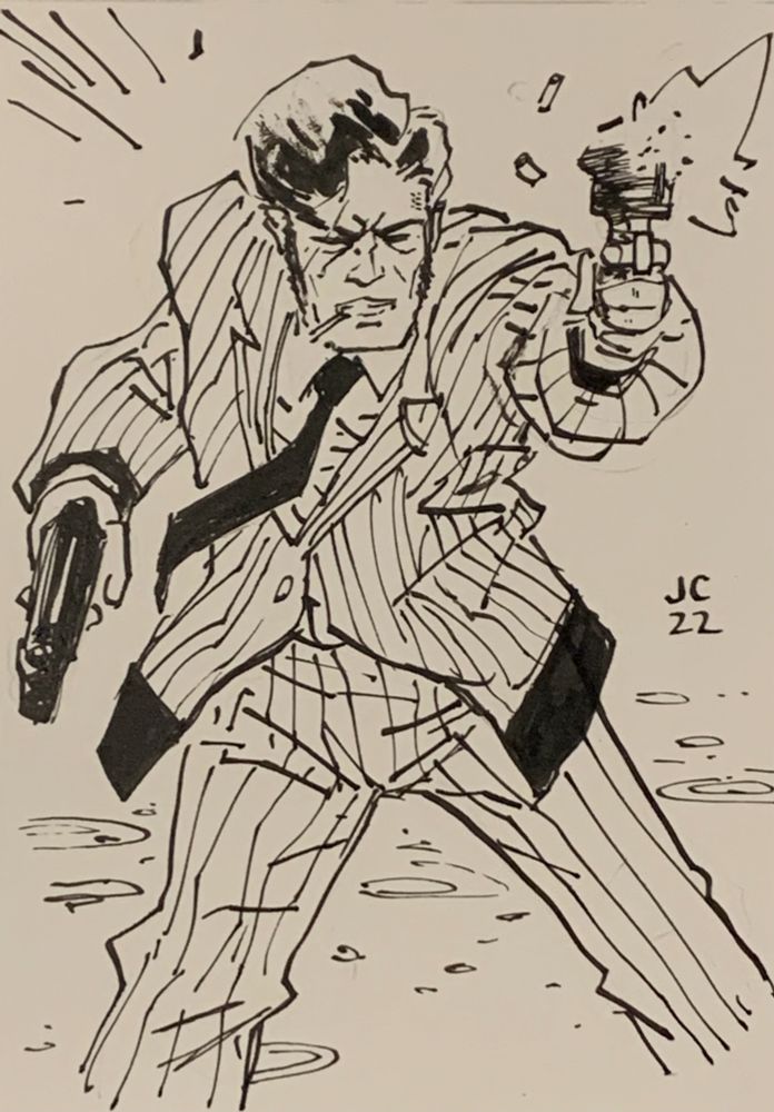 Ink drawing of a guy brandishing guns while looking good in a pinstripe suit. 