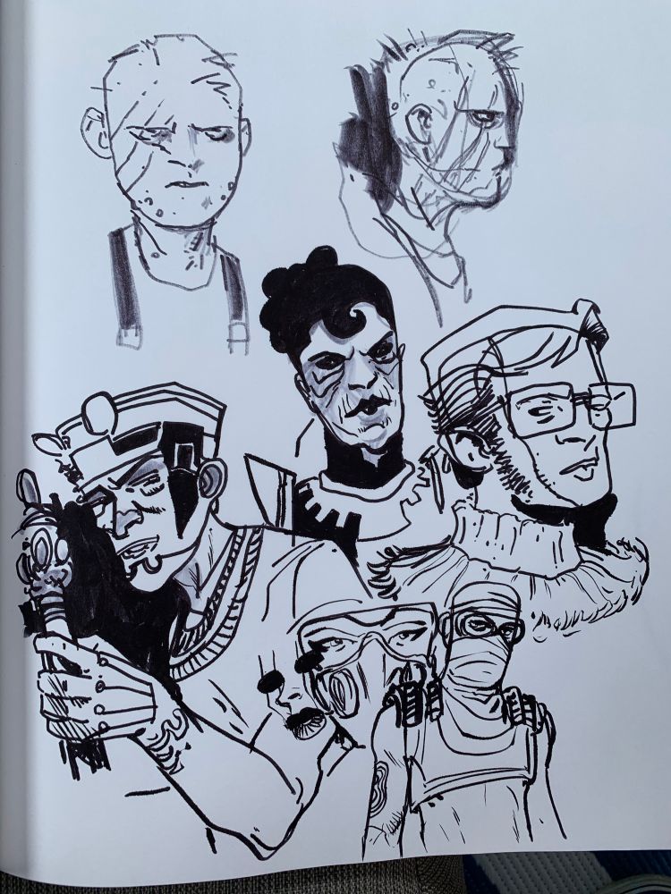 Black and white line drawings mostly faces
