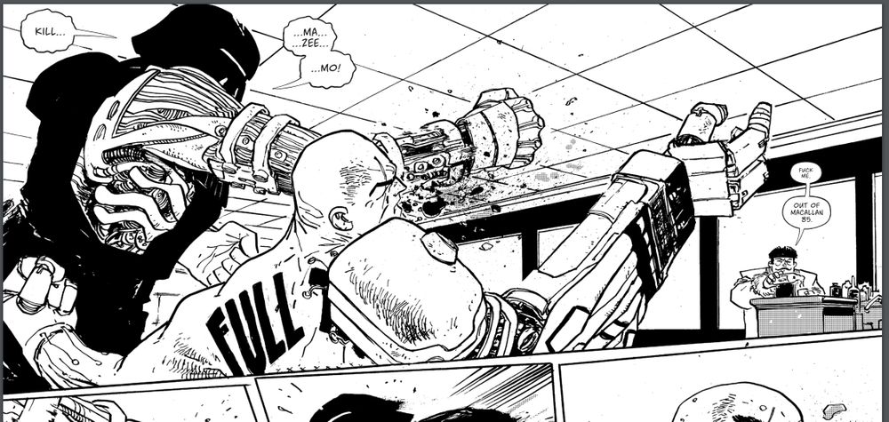 panel from FULL TILT showing a cyborg punching another cyborg while a guy complains he ran out of the good booze.