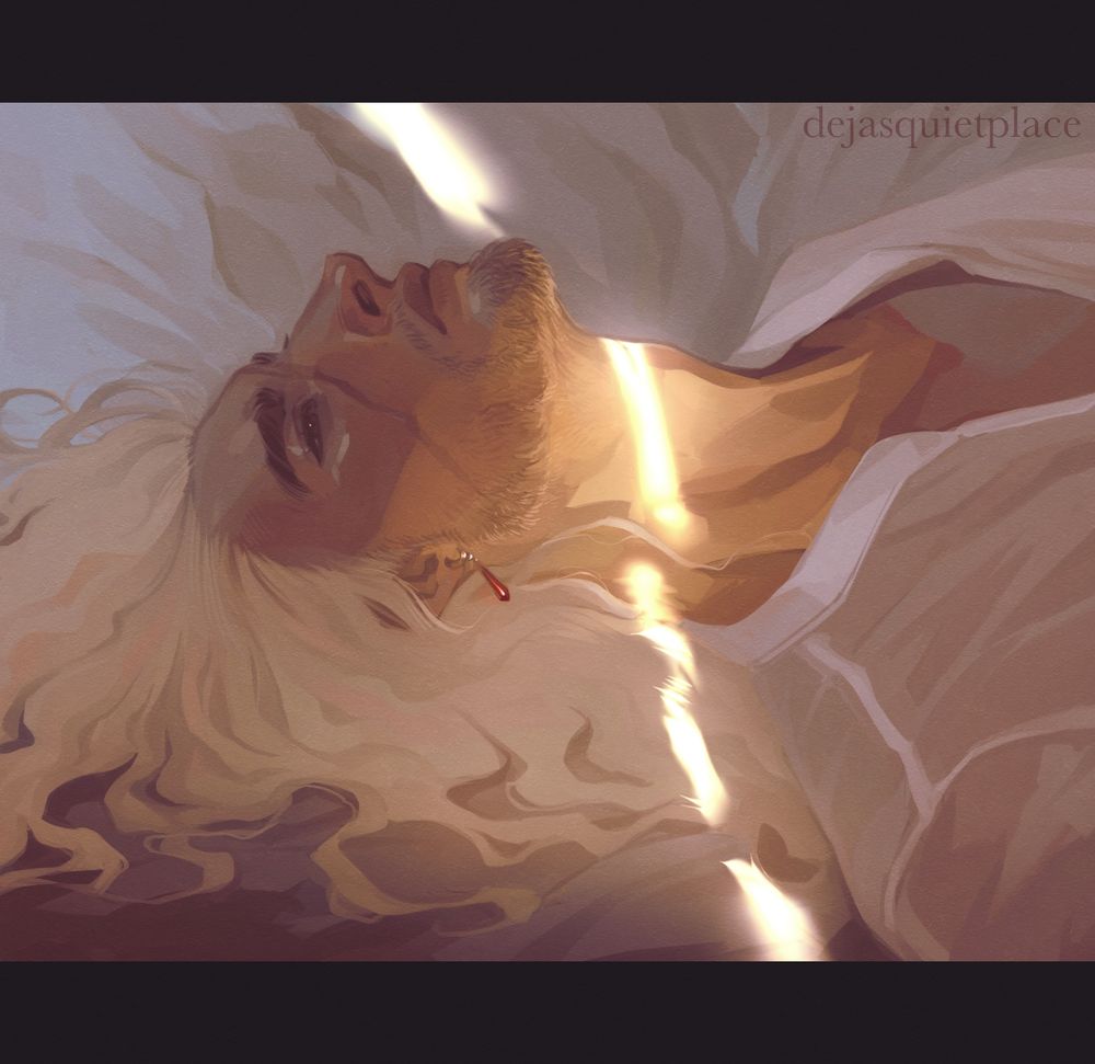 penance laying down, with a cut of light in the dim that falls over his throat.
